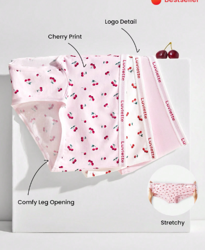 Bóxer Luvlette  de algodón cintura media cereza, blanco, rosa  M